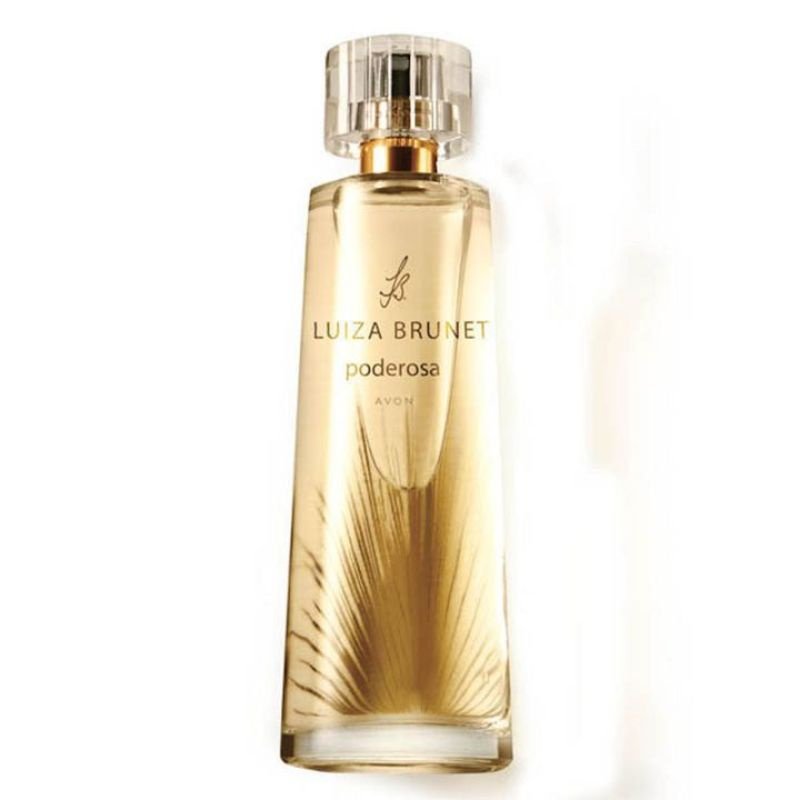 Frasco do perfume Luiza Brunet Poderosa Avon em close-up, design moderno e impactante