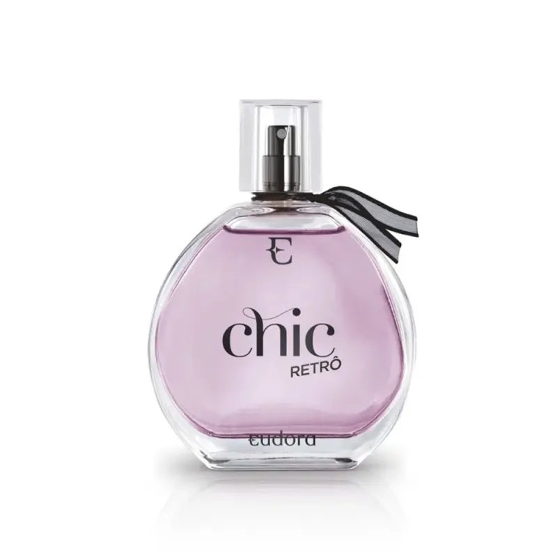 Frasco do perfume Chic Retrô Eudora em close-up, design vintage e elegante
