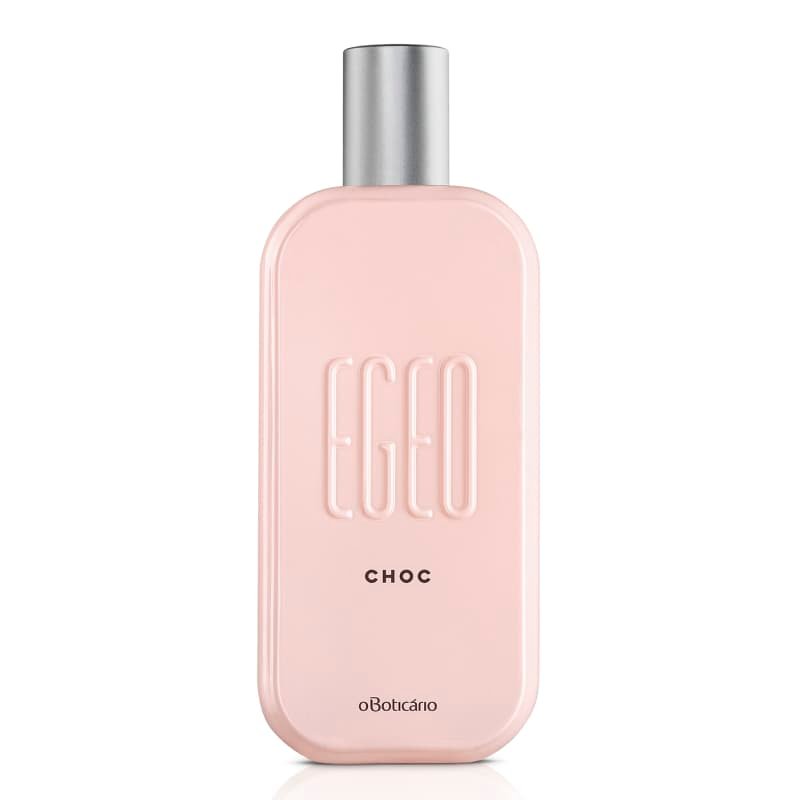 Frasco do perfume Egeo Choc O Boticário em close-up, design elegante e feminino